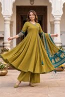 Olive Green Mul Chanderi Embroidered Anarkali Set