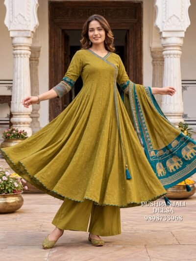 Olive Green Mul Chanderi Embroidered Anarkali Set