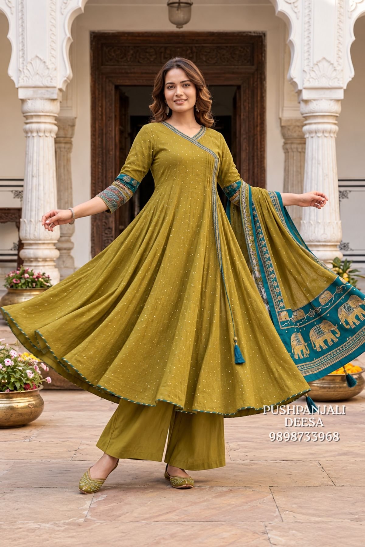 Olive Green Mul Chanderi Embroidered Anarkali Set