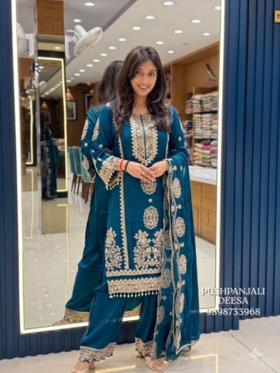 Teal Blue Embroidered Pure Chinon Suit Set