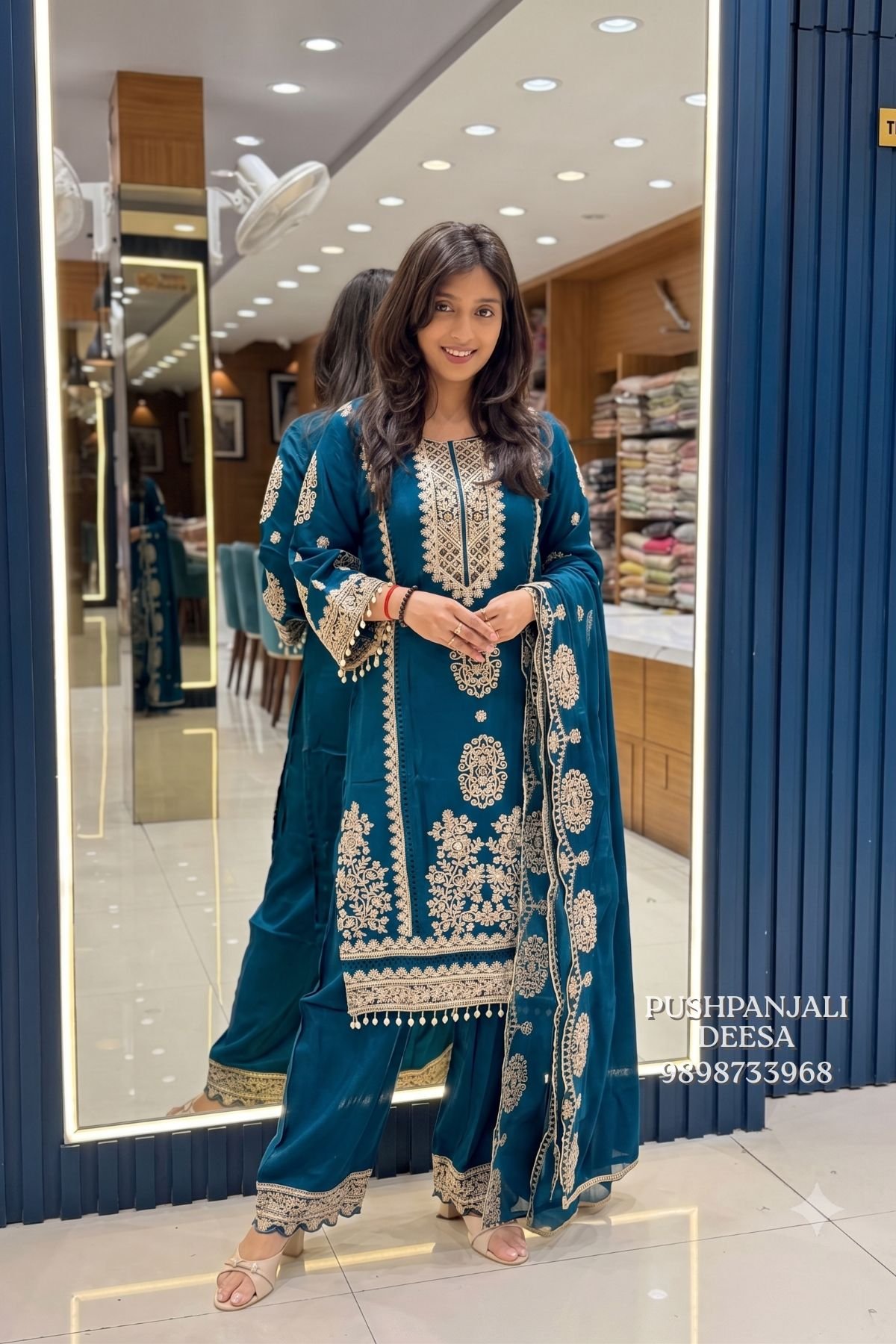 Teal Blue Embroidered Pure Chinon Suit Set