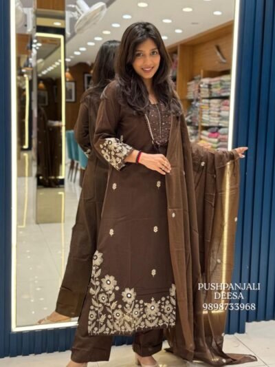 Chocolate Brown Floral Embroidered Pure Cotton Suit Set