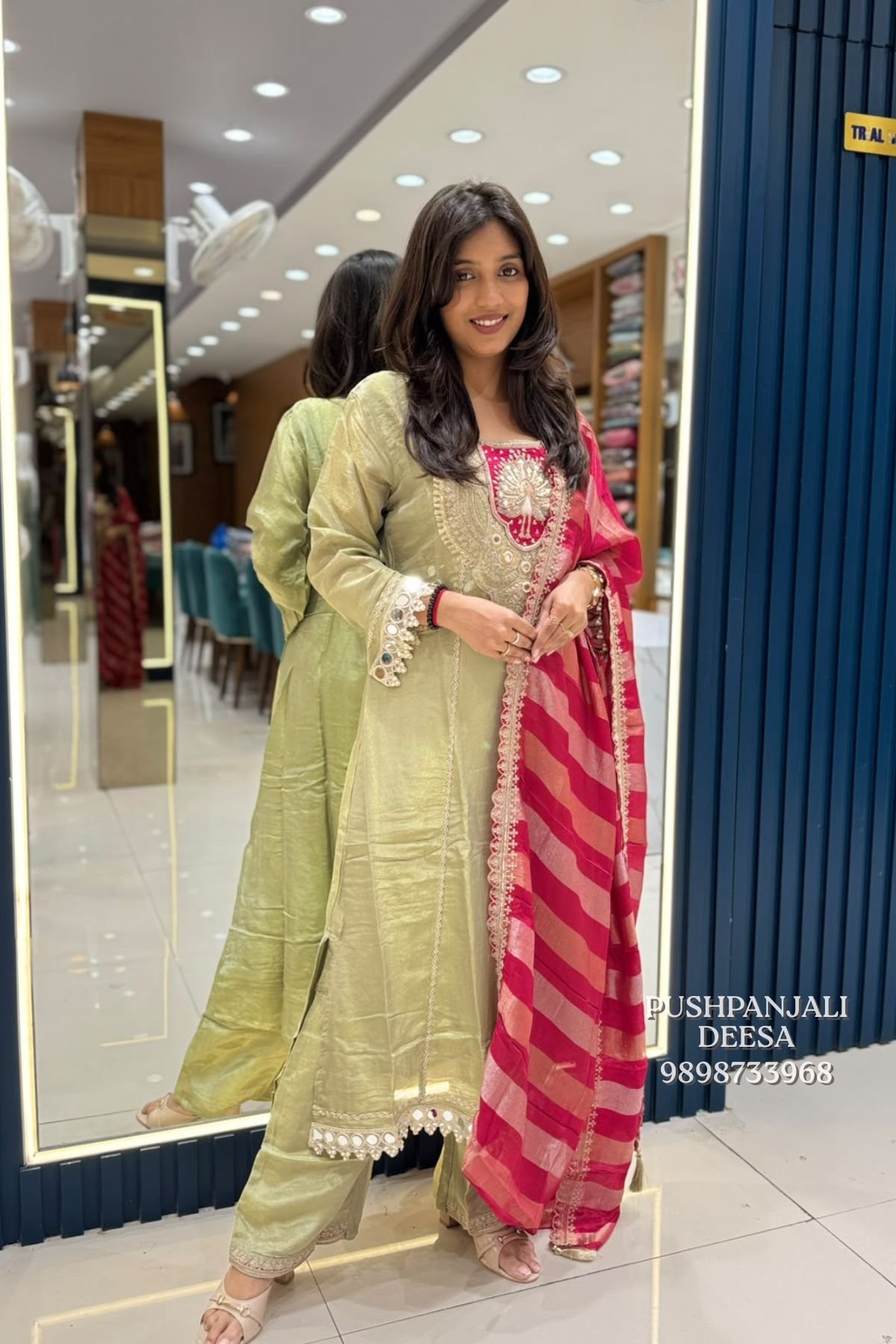 Pista Green Embroidered Straight Kurta Pant Set with Pink Dupatta