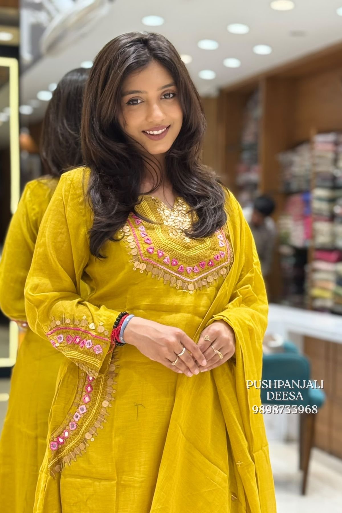 Mustard Yellow Embroidered Mul Chanderi Kurta Pant Set with Dupatta - Image 3