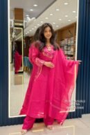 Rani Pink Embroidered Mul Chanderi Kurta Pant Set with Dupatta