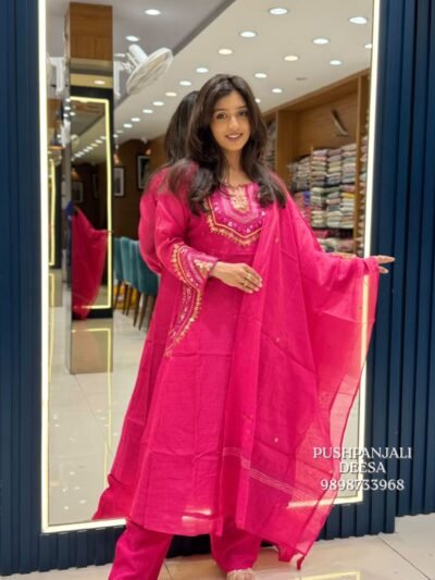 Rani Pink Embroidered Mul Chanderi Kurta Pant Set with Dupatta
