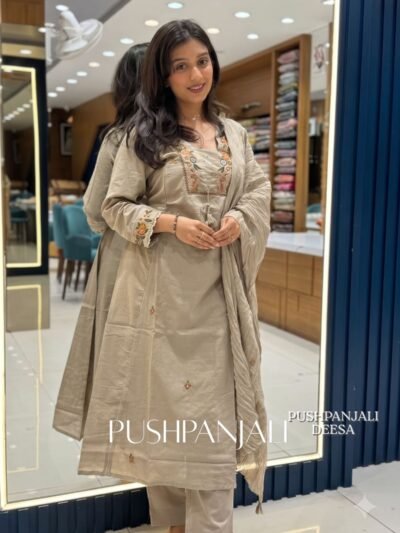 Beige Embroidered Pure Cotton Kurta Pant Set with Dupatta | Elegant Ethnic Wear