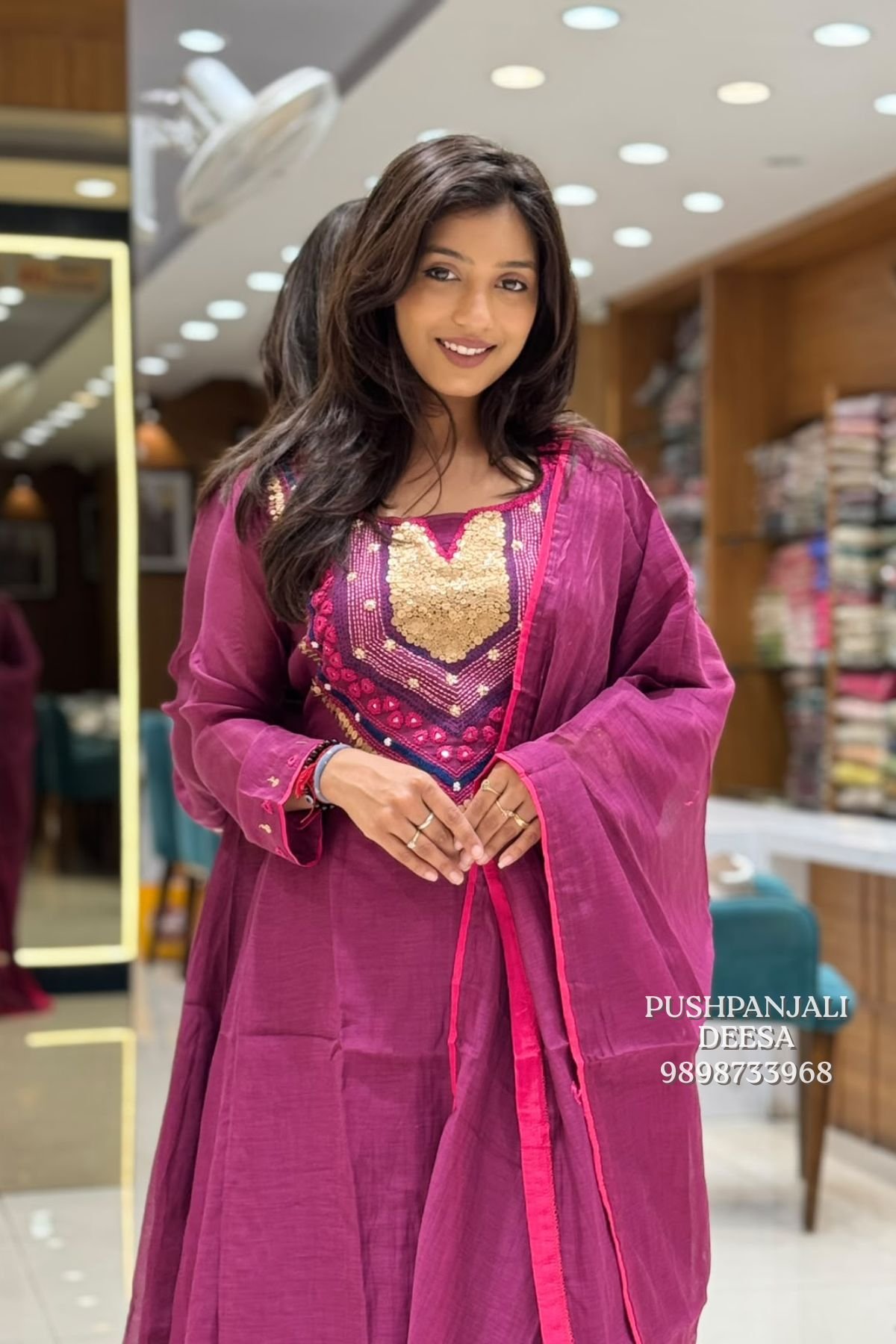 Wine Pink Embroidered Mul Chanderi Kurta Pant Set with Dupatta - Image 2