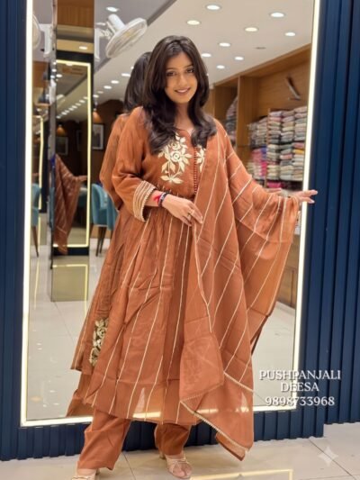 Rust Embroidered Mul Chanderi Kurta Pant Set with Striped Dupatta