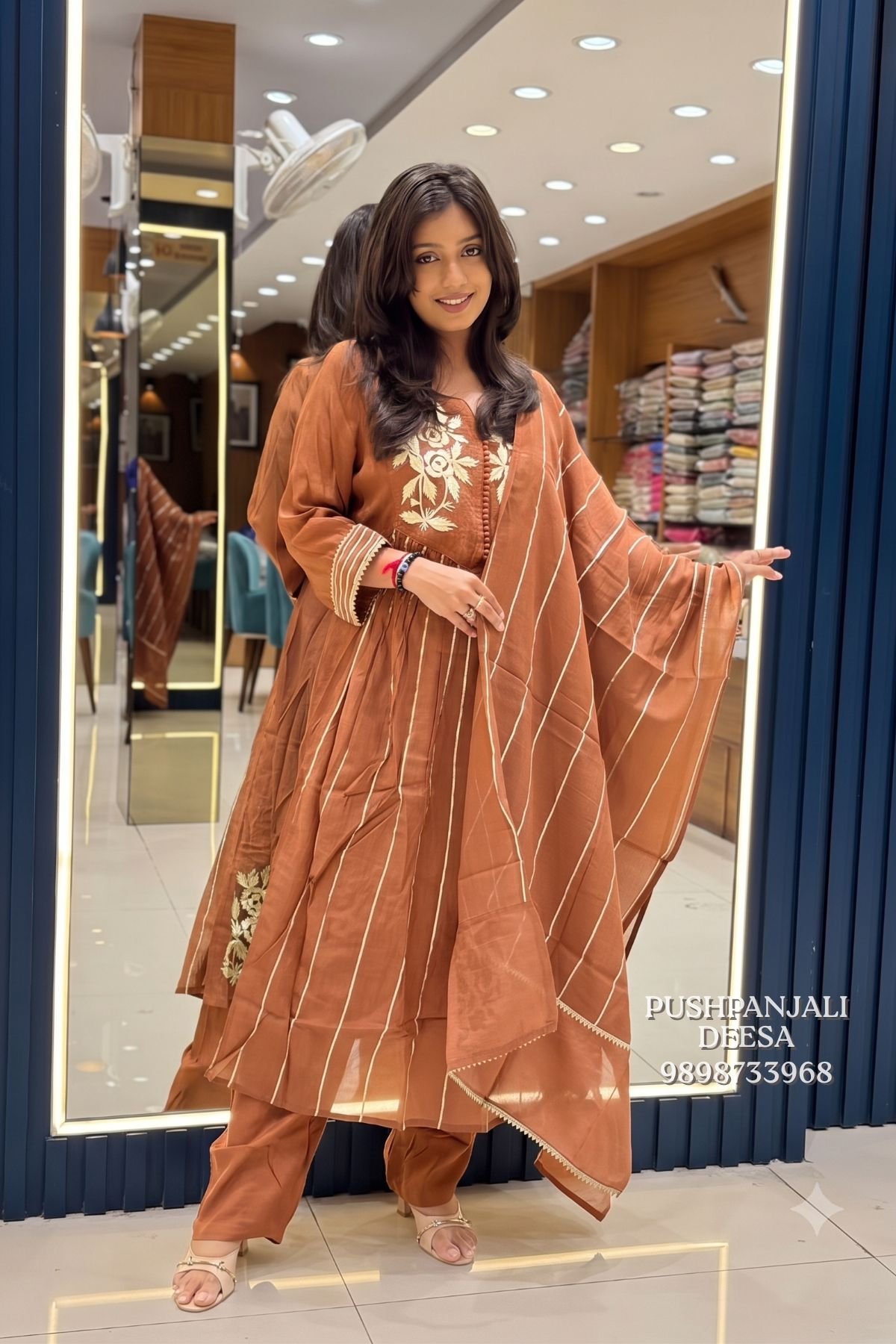 Rust Embroidered Mul Chanderi Kurta Pant Set with Striped Dupatta