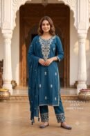 Teal Blue Embroidered Straight Kurta Pant Set with Dupatta