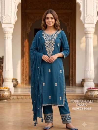 Teal Blue Embroidered Straight Kurta Pant Set with Dupatta