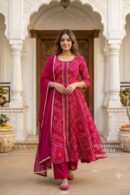 Rani Pink Bandhani Print Anarkali Kurta Pant Set with Dupatta