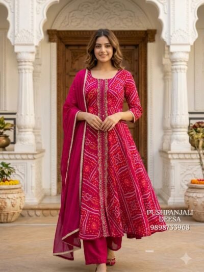 Rani Pink Bandhani Print Anarkali Kurta Pant Set with Dupatta