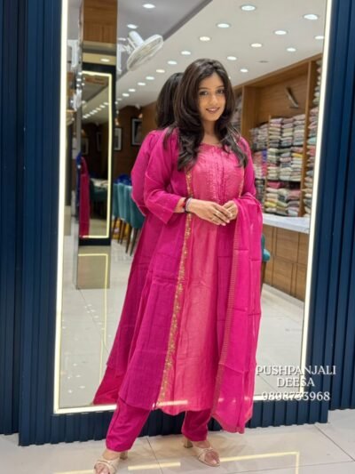 Pink Embroidered Anarkali Kurta Pant Set with Dupatta