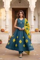 Teal Blue Cotton Anarkali Suit Set with Mustard Yellow Dupatta