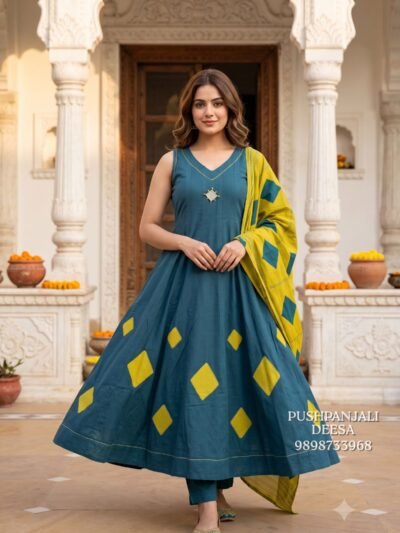 Teal Blue Cotton Anarkali Suit Set with Mustard Yellow Dupatta