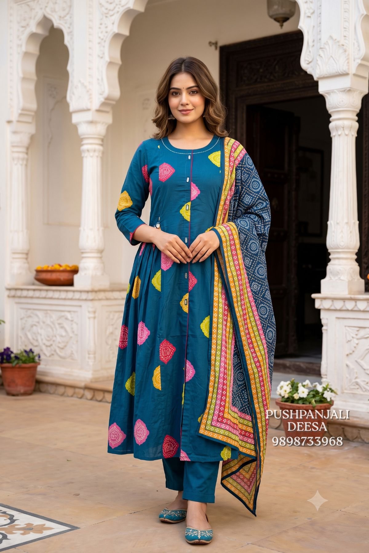 Teal Blue Multicolor Printed Kurta Pant Set with Dupatta
