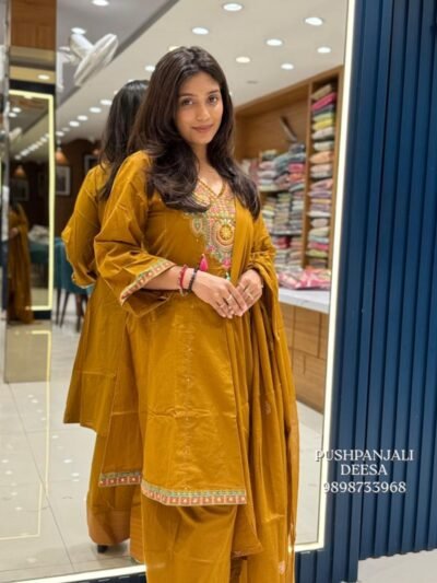 Mustard Yellow Embroidered Kurta Farshi Salwar Set with Dupatta