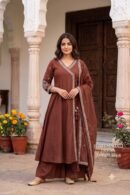 Coffee Brown Mul Chanderi Embroidered Suit Set