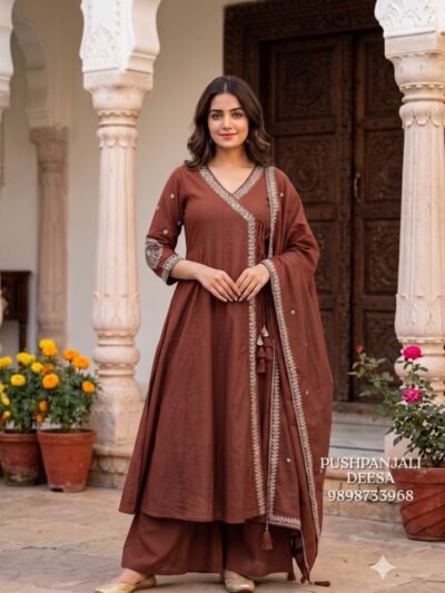 Coffee Brown Mul Chanderi Embroidered Suit Set