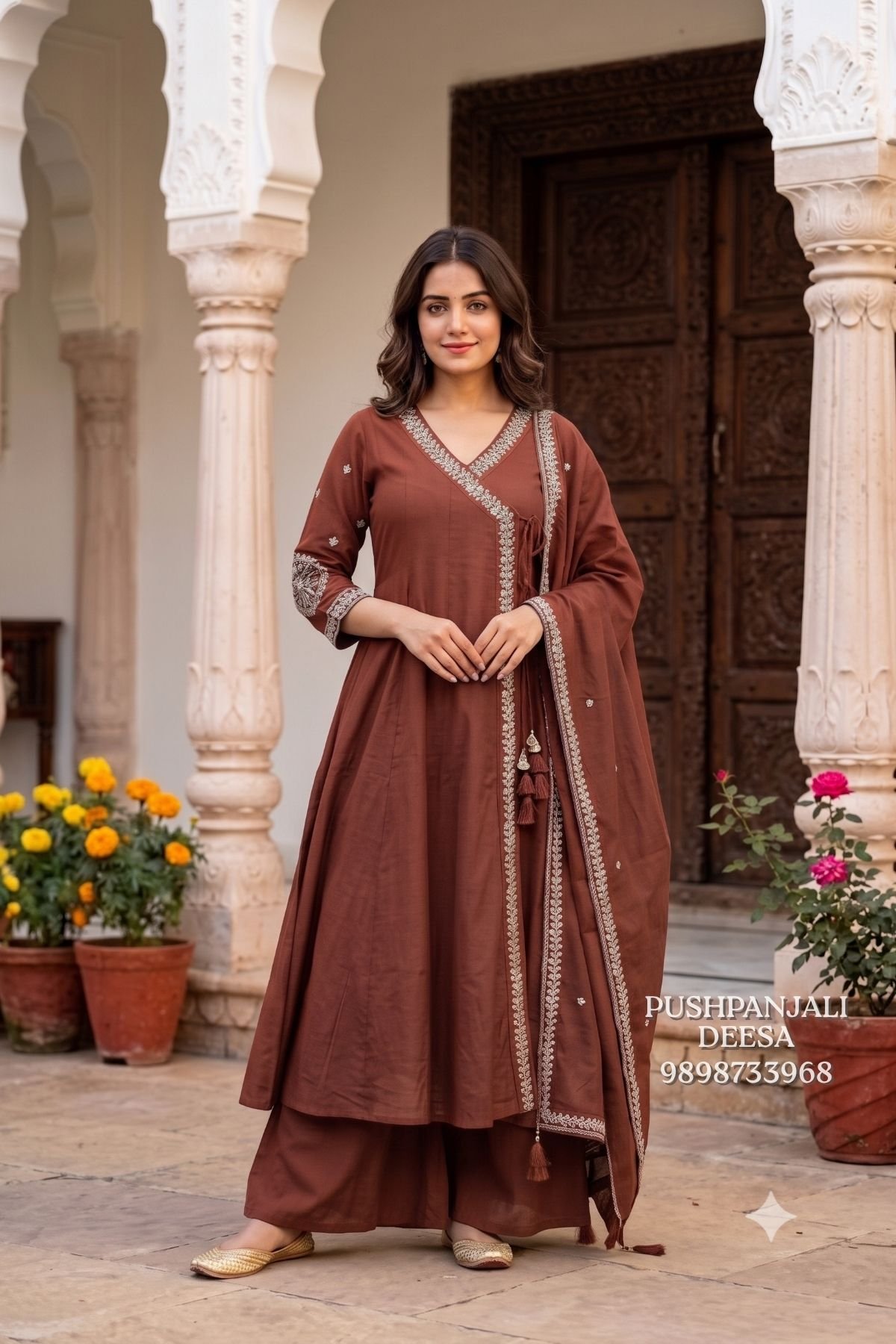Coffee Brown Mul Chanderi Embroidered Suit Set