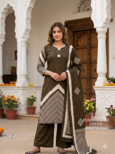 Olive Green Gaggy Silk Printed Suit Set