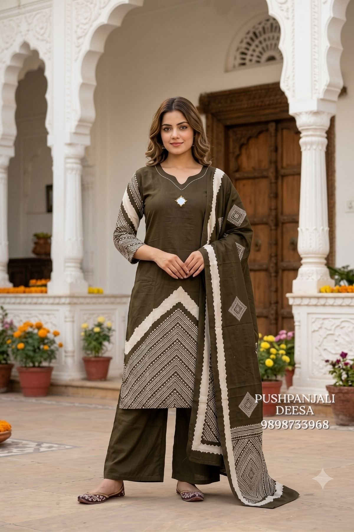 Olive Green Gaggy Silk Printed Suit Set