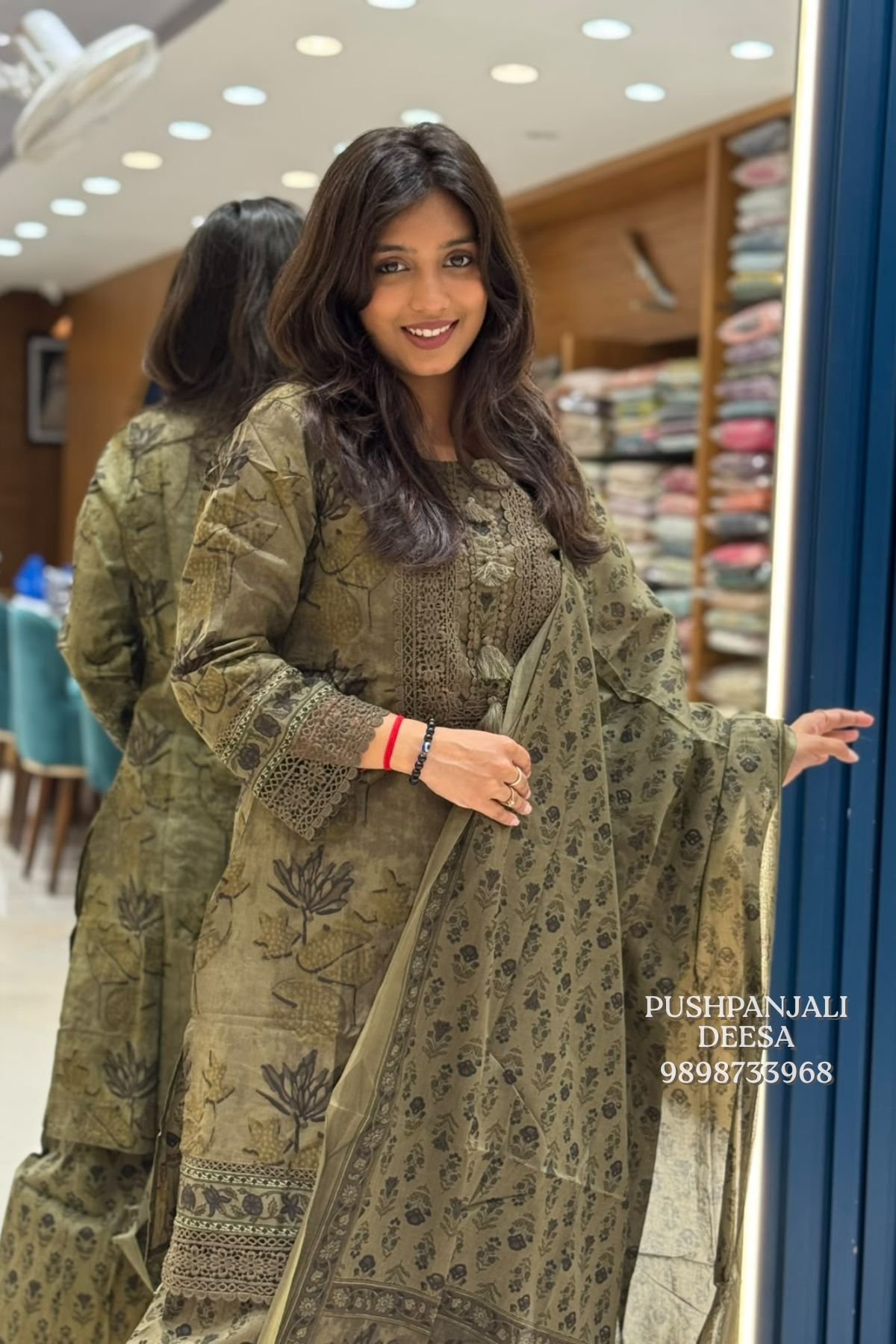 Olive Green Printed Cotton Salwar Suit Set - Image 2