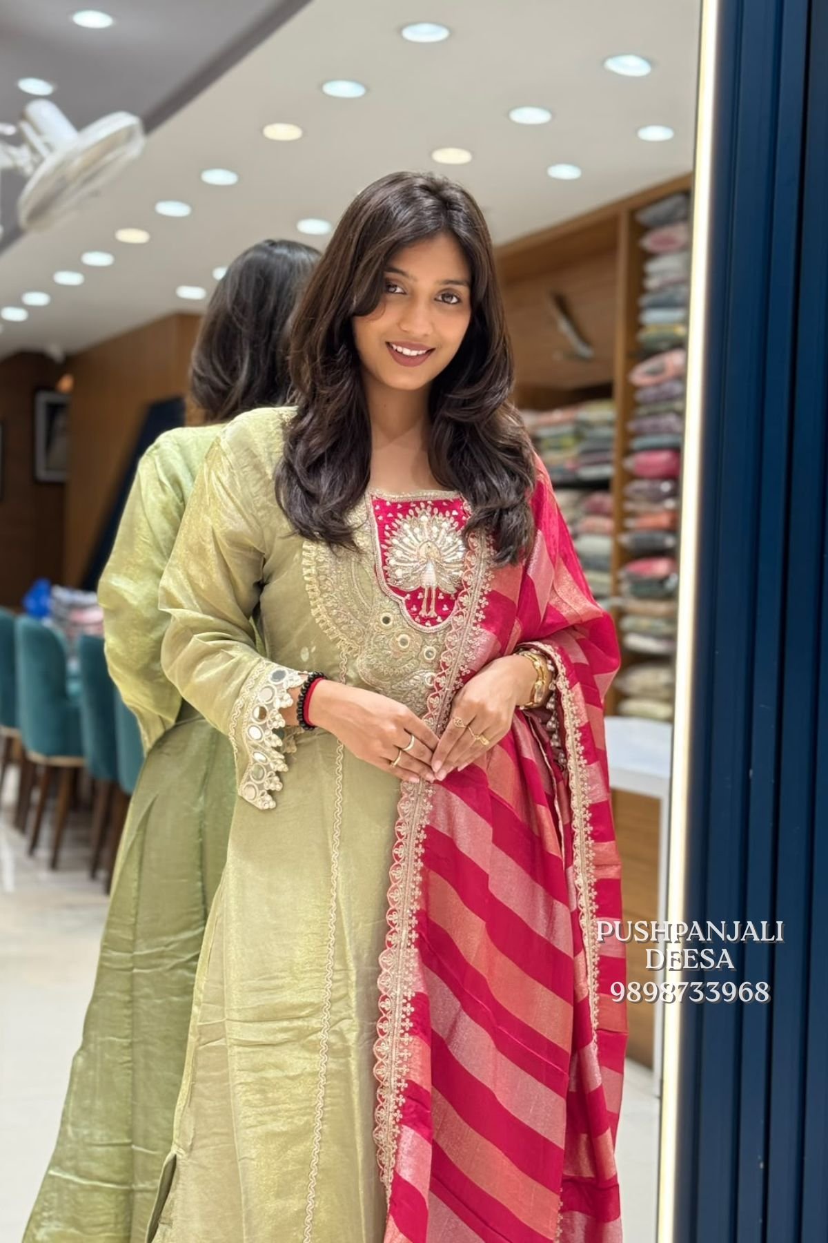 Pista Green Embroidered Straight Kurta Pant Set with Pink Dupatta - Image 2