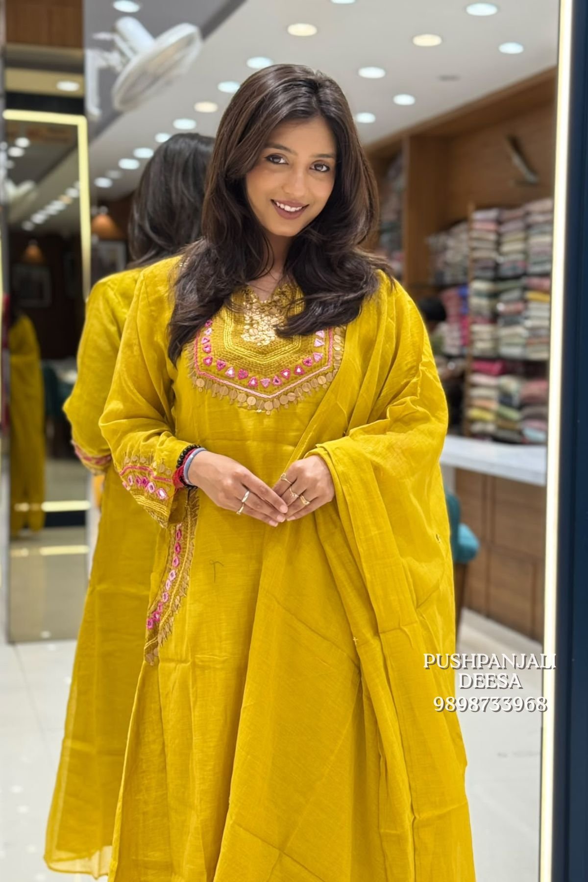 Mustard Yellow Embroidered Mul Chanderi Kurta Pant Set with Dupatta - Image 2