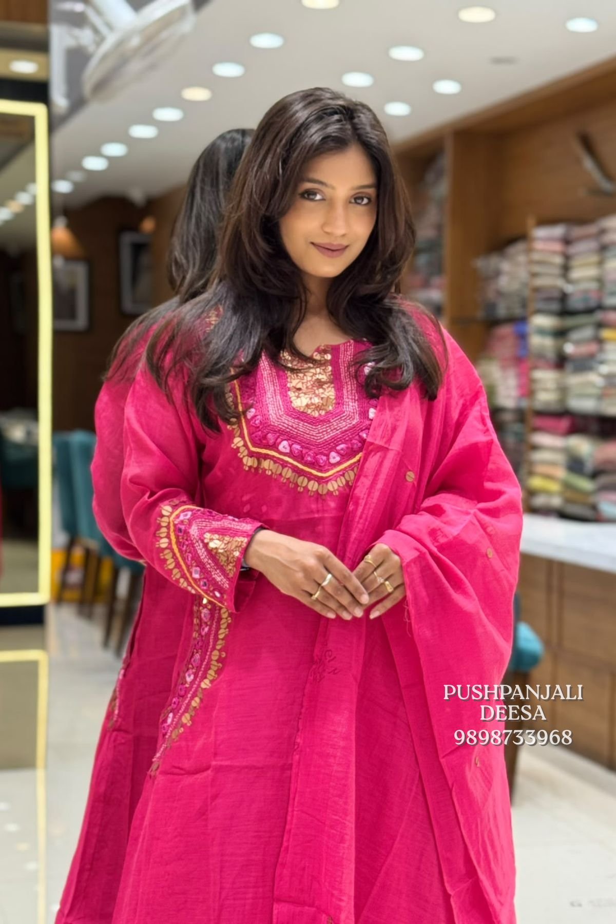 Rani Pink Embroidered Mul Chanderi Kurta Pant Set with Dupatta - Image 2