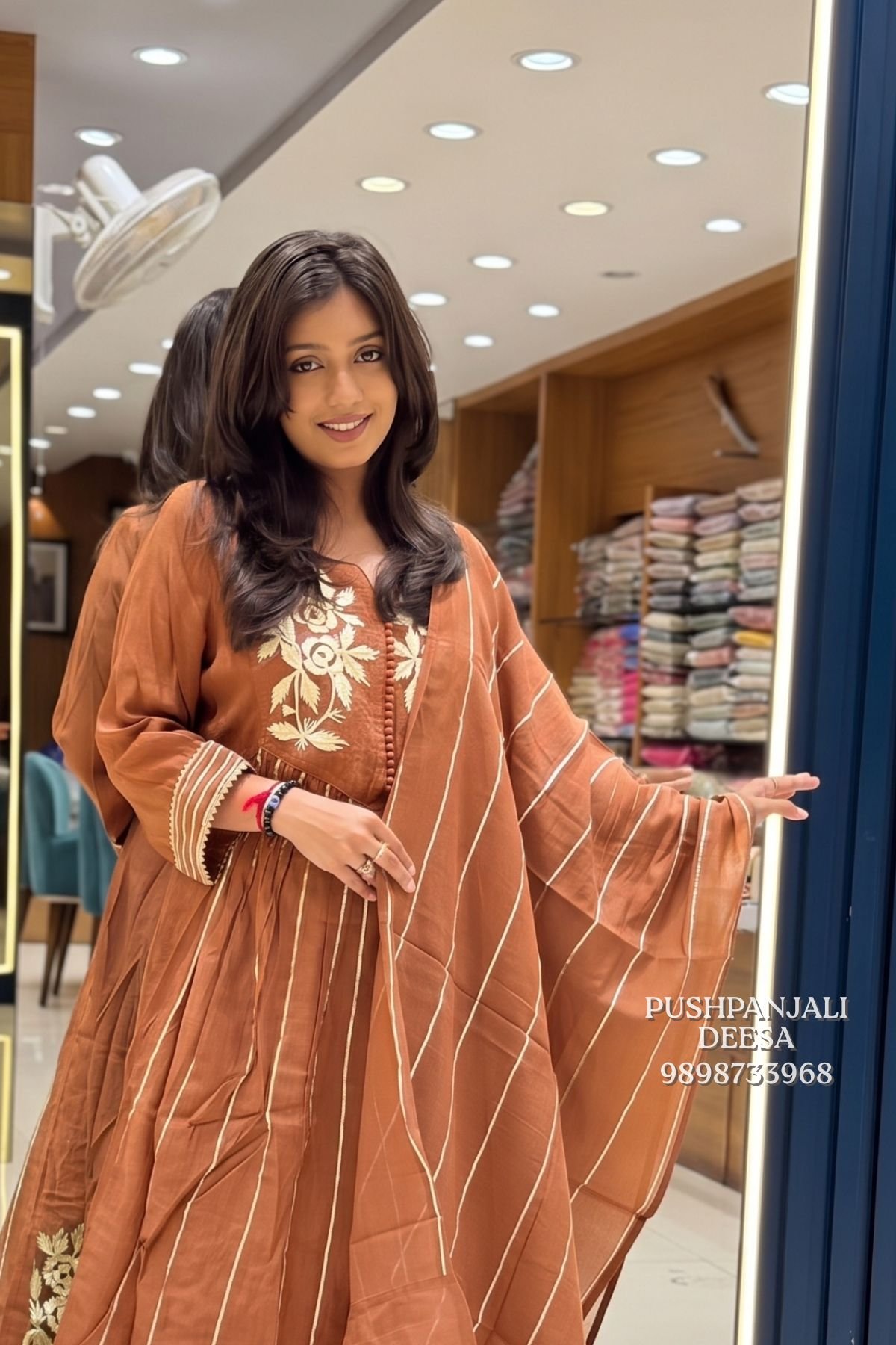 Rust Embroidered Mul Chanderi Kurta Pant Set with Striped Dupatta - Image 2