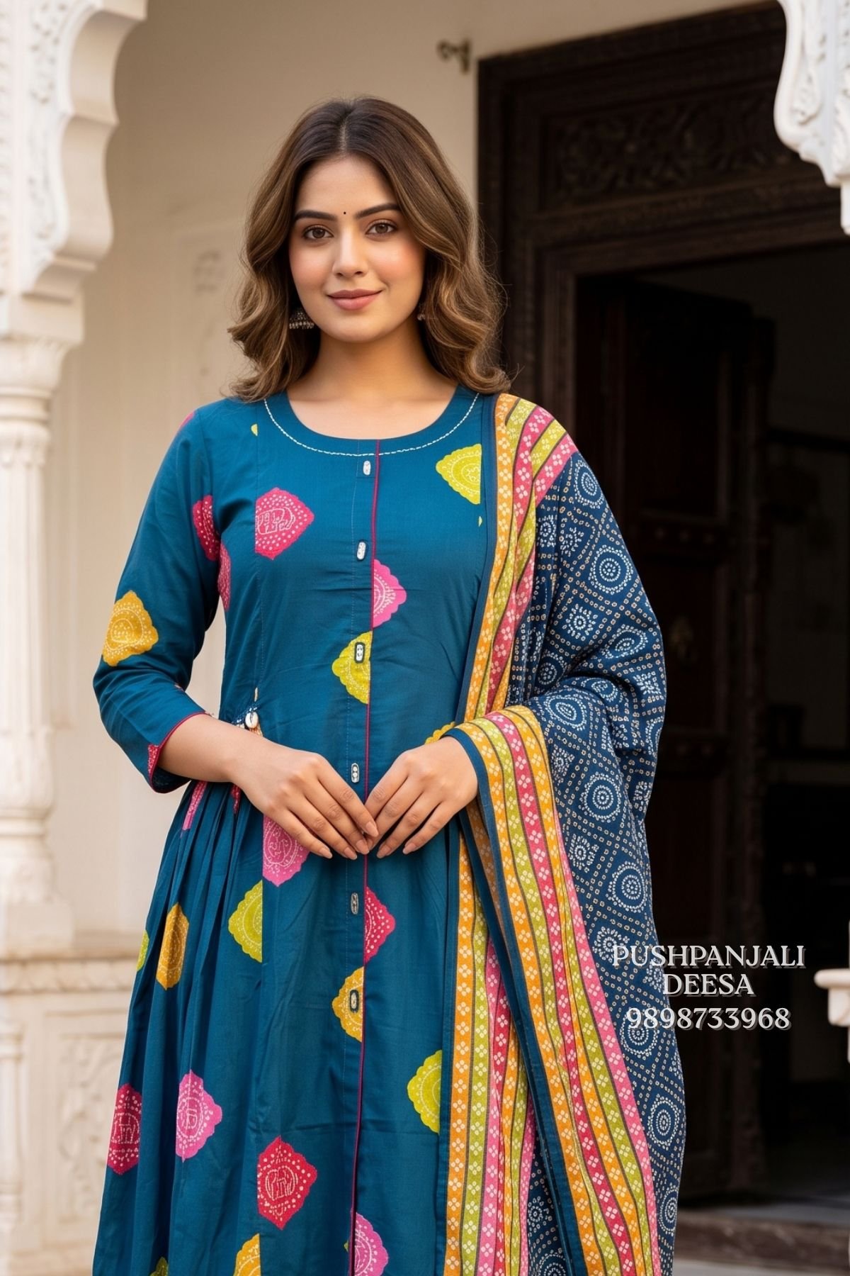 Teal Blue Multicolor Printed Kurta Pant Set with Dupatta - Image 2