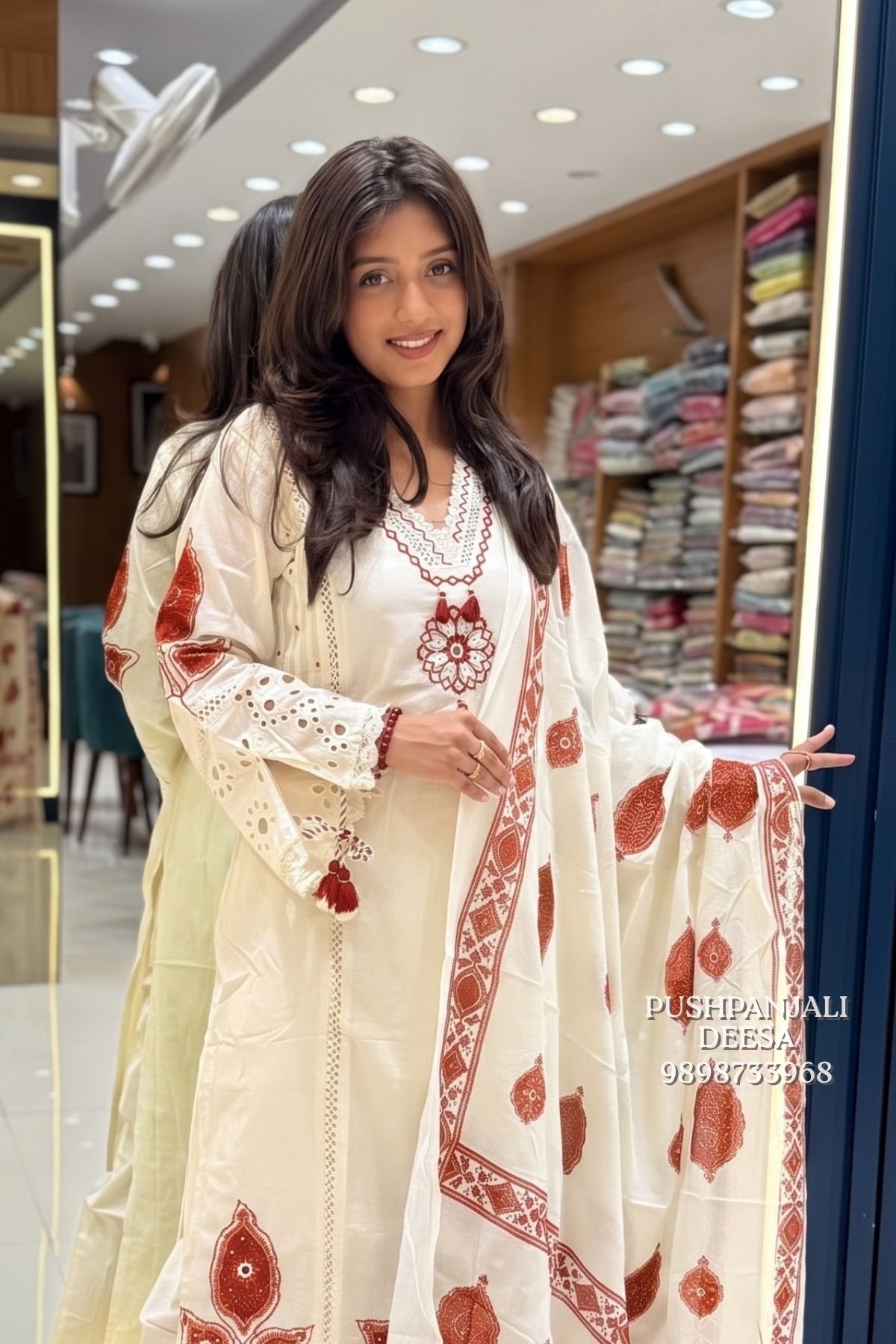 Cream & Rust Embroidered Kurta Palazzo Set with Dupatta - Image 2