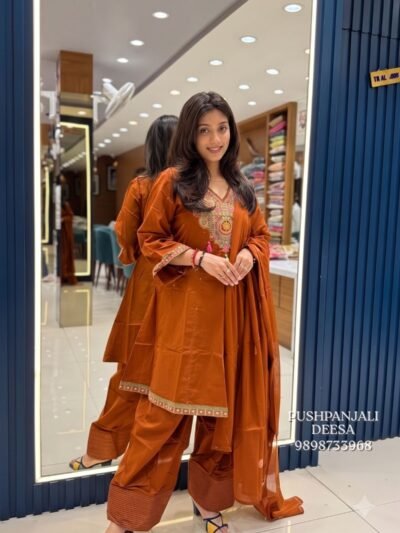 Rust Orange Embroidered Farshi Salwar Suit Set