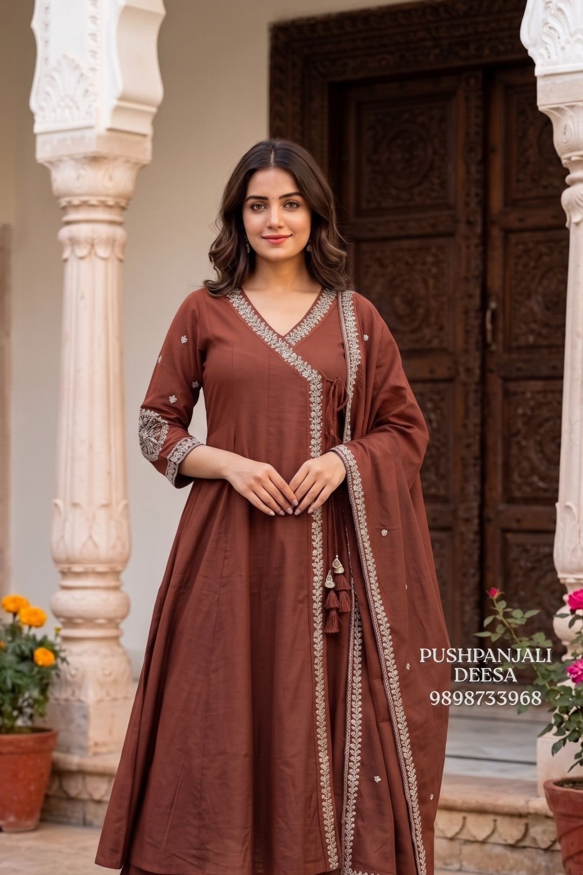 Coffee Brown Mul Chanderi Embroidered Suit Set - Image 2