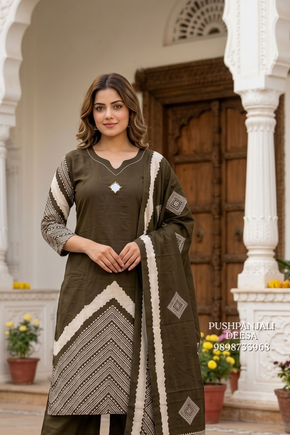 Olive Green Gaggy Silk Printed Suit Set - Image 2