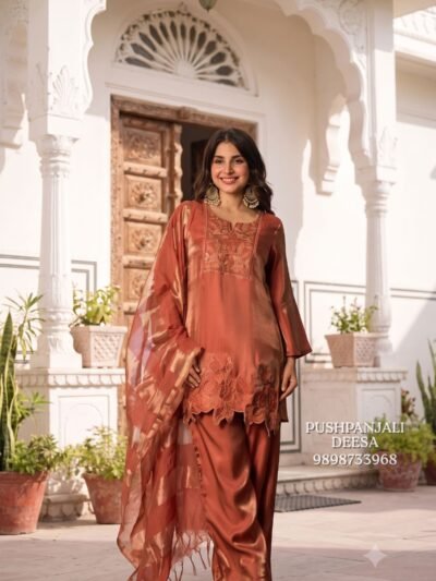 Rust Orange Gaggy Silk with Mashru Suit Set