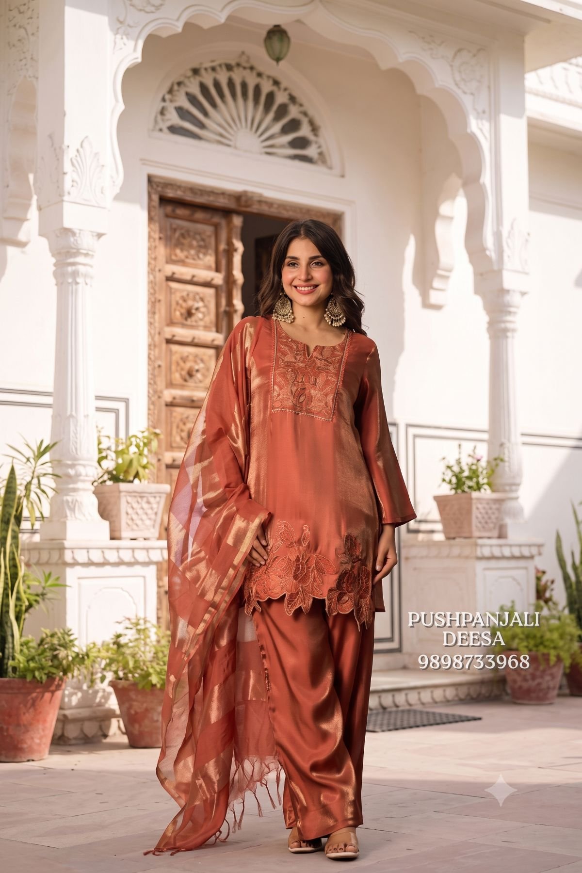 Rust Orange Gaggy Silk with Mashru Suit Set