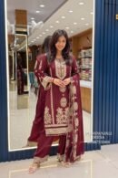 Wine Maroon Embroidered Pure Chinon Suit Set