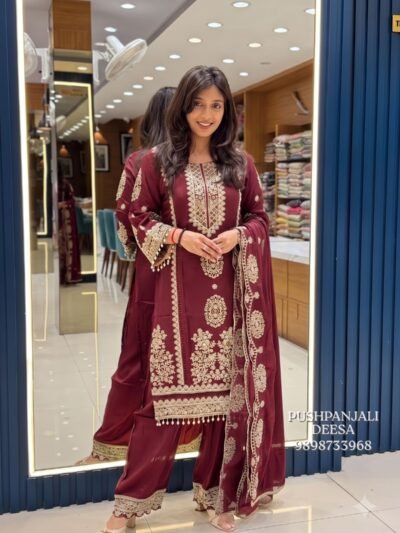 Wine Maroon Embroidered Pure Chinon Suit Set