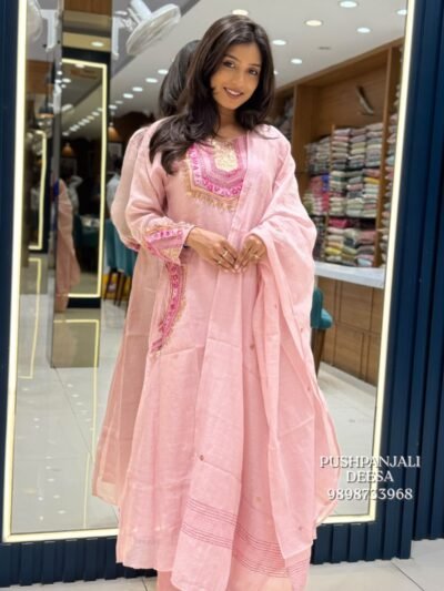Pastel Pink Embroidered Mul Chanderi Kurta Pant Set with Dupatta