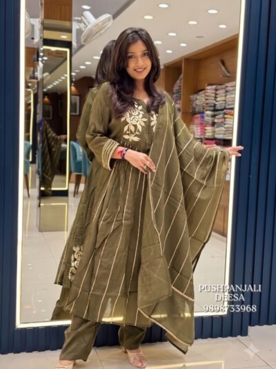 Olive Green Embroidered Mul Chanderi Kurta Pant Set with Striped Dupatta