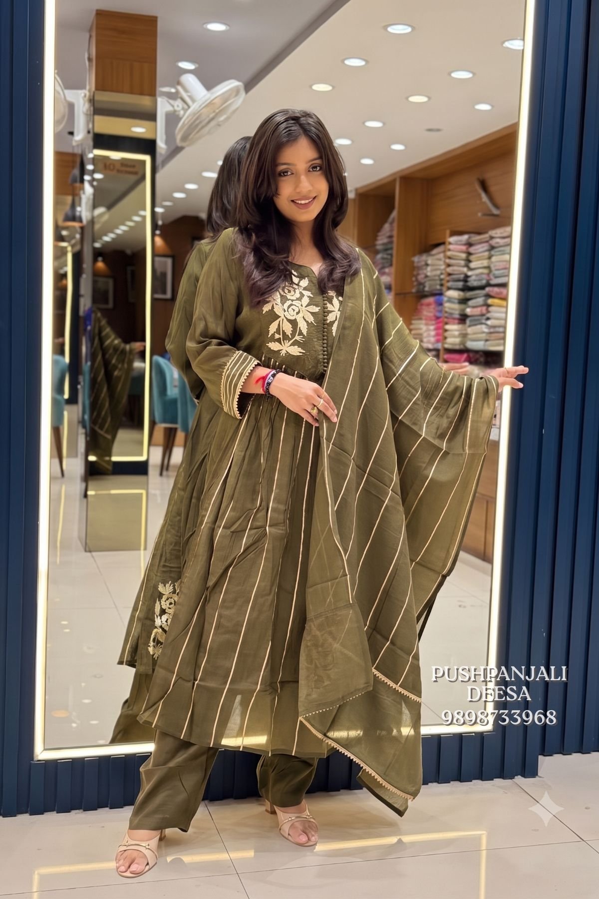 Olive Green Embroidered Mul Chanderi Kurta Pant Set with Striped Dupatta