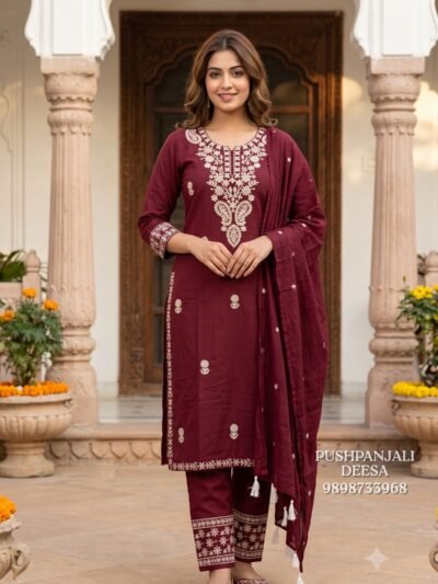 Maroon Embroidered Straight Kurta Pant Set with Dupatta