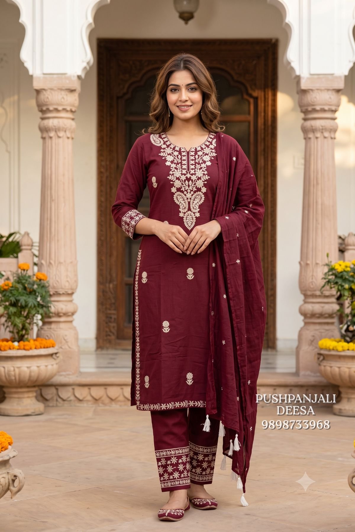Maroon Embroidered Straight Kurta Pant Set with Dupatta