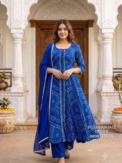 Royal Blue Bandhani Print Anarkali Kurta Pant Set with Dupatta