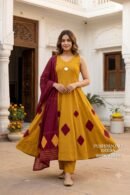 Mustard Yellow Cotton Anarkali Suit Set with Maroon Dupatta
