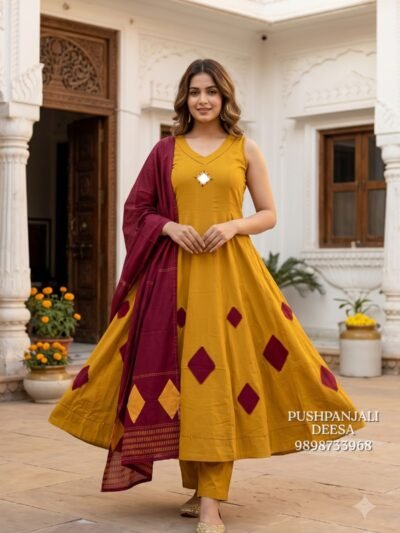 Mustard Yellow Cotton Anarkali Suit Set with Maroon Dupatta